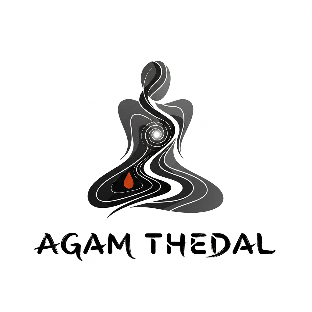 AI Design for CREATE A UNIQUE SOULFUL LOGO FOR "AGAM THEDAL" LIKE Using only black white with either red /yellow or orange as a dot or a saree flow some where (using 3 colors black and white with red or orange)