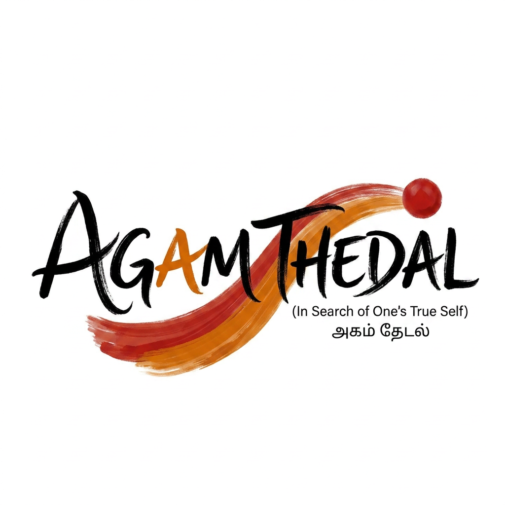 AI Design for CREATE A UNIQUE SOULFUL LOGO FOR "AGAM THEDAL" LIKE Using only black white with either red /yellow or orange as a dot or a saree flow some where (using 3 colors black and white with red or orange)