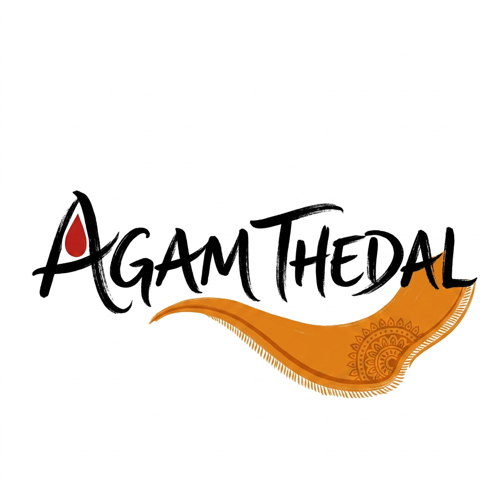 AI Design for CREATE A UNIQUE SOULFUL LOGO FOR "AGAM THEDAL" LIKE Using only black white with either red /yellow or orange as a dot or a saree flow some where (using 3 colors black and white with red or orange)