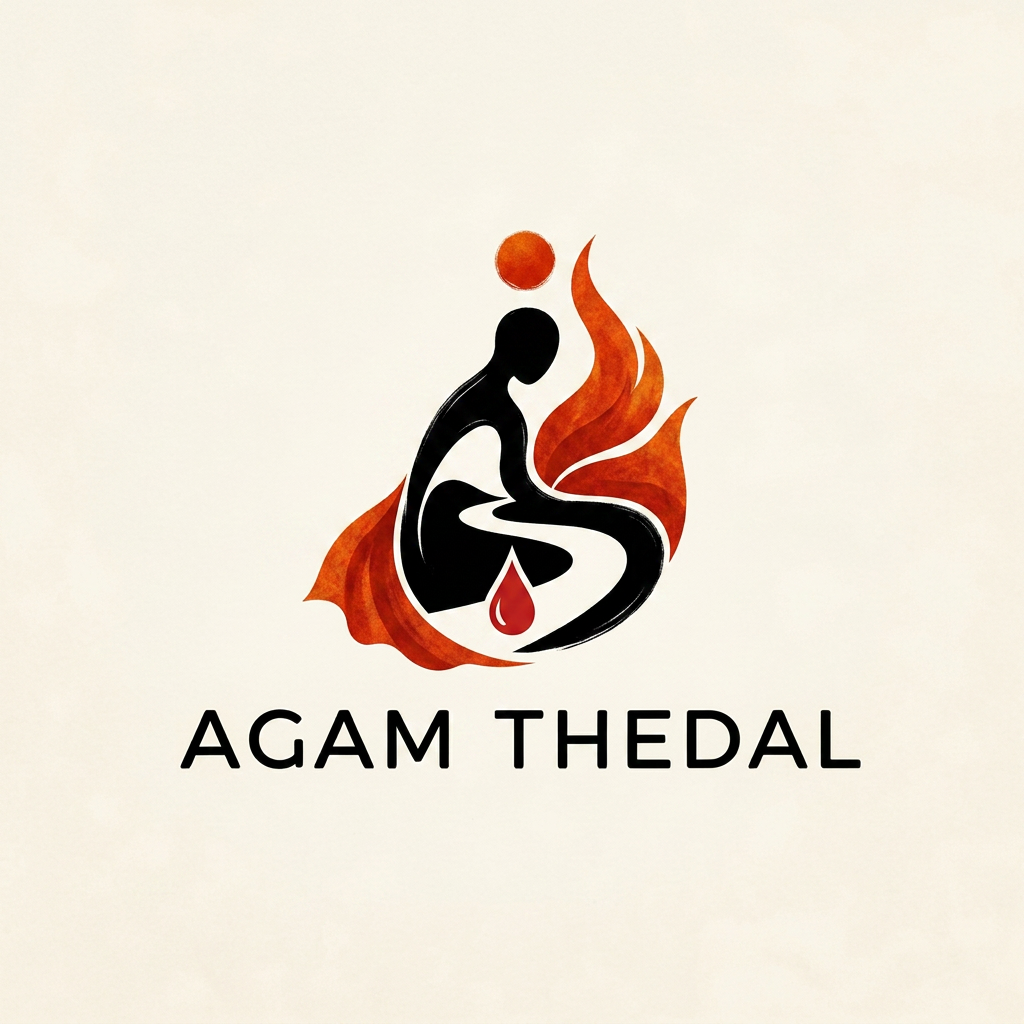 AI Design for CREATE A UNIQUE SOULFUL LOGO FOR "AGAM THEDAL" LIKE Using only black white with either red /yellow or orange as a dot or a saree flow some where (using 3 colors black and white with red or orange)