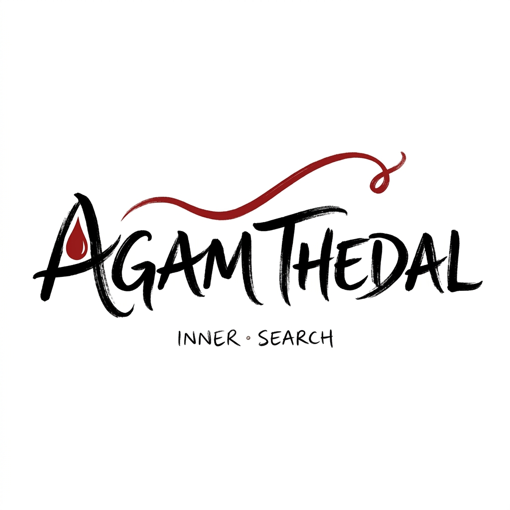AI Design for CREATE A UNIQUE SOULFUL LOGO FOR "AGAM THEDAL" LIKE Using only black white with either red /yellow or orange as a dot or a saree flow some where (using 3 colors black and white with red or orange)