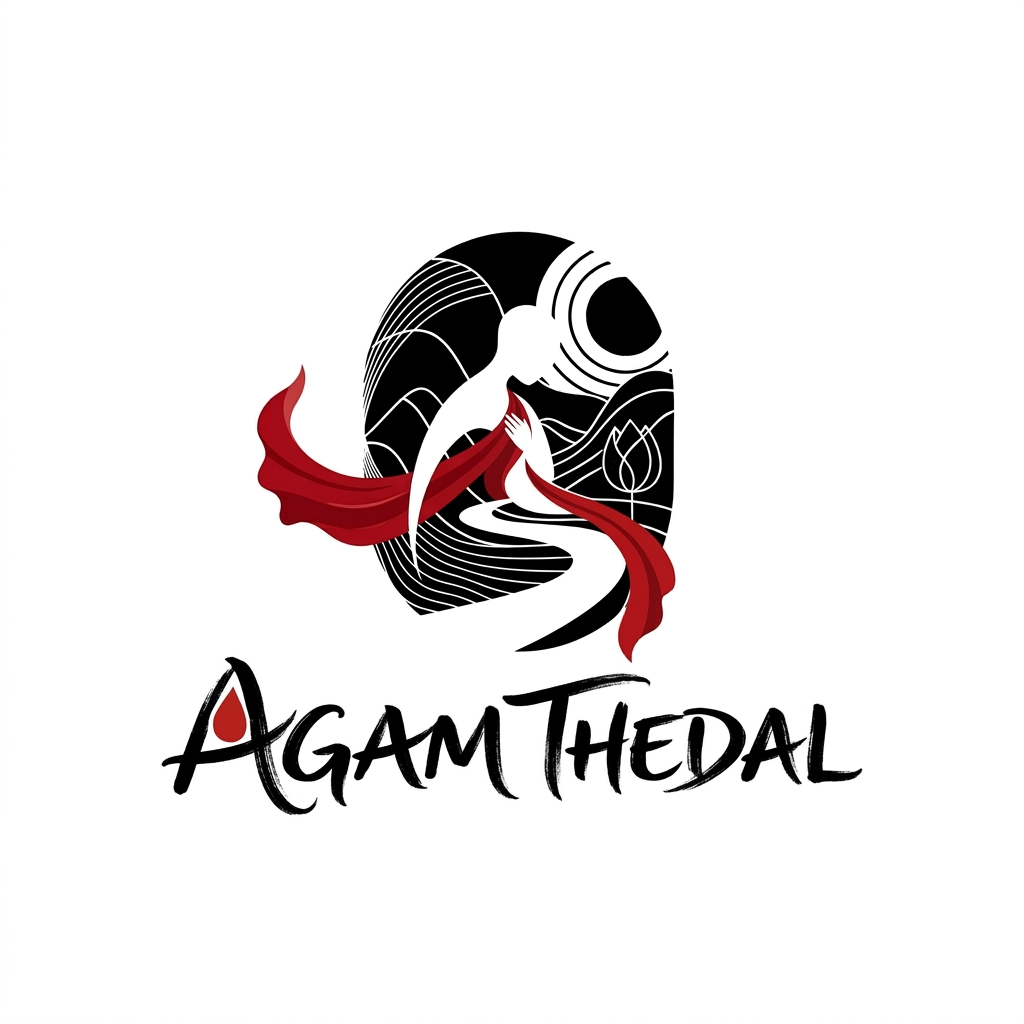 AI Design for CREATE A UNIQUE SOULFUL LOGO FOR "AGAM THEDAL" LIKE Using only black white with either red /yellow or orange as a dot or a saree flow some where (using 3 colors black and white with red or orange)