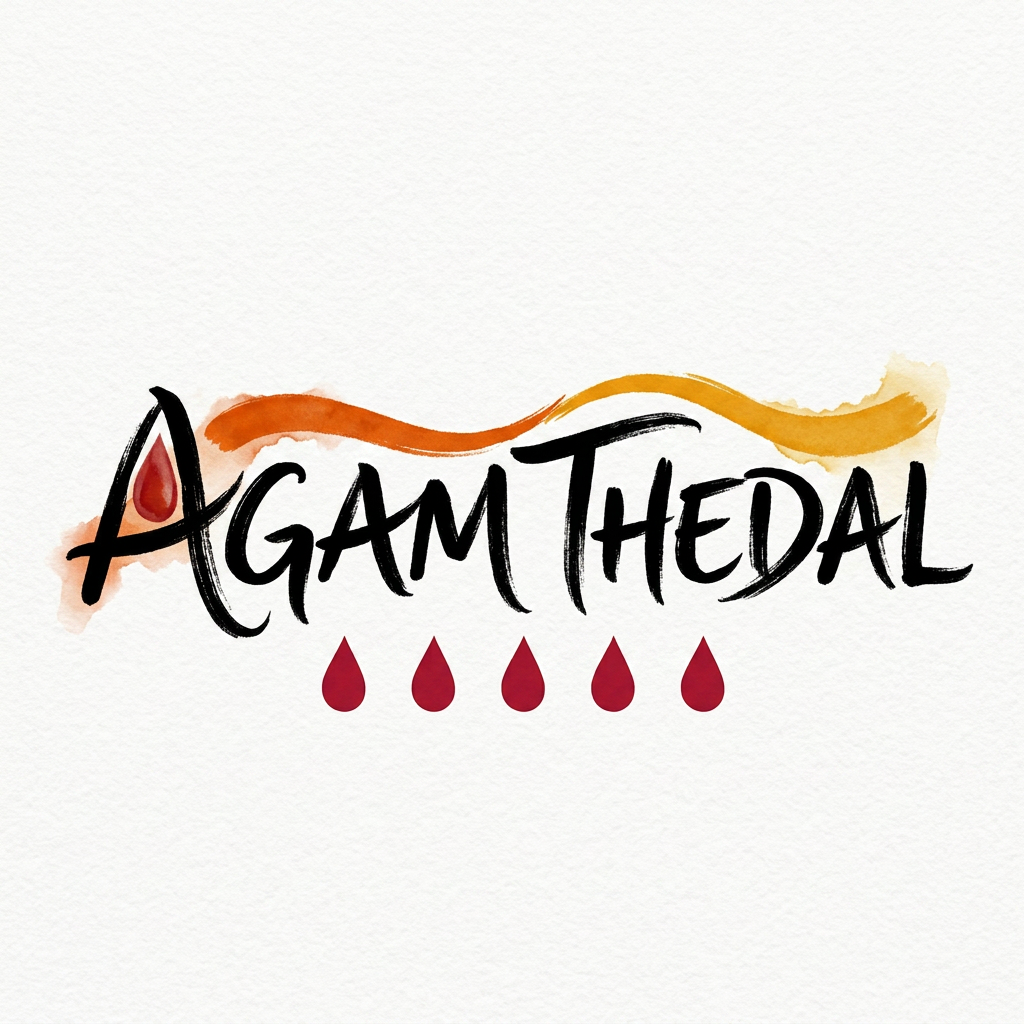 AI Design for CREATE A UNIQUE SOULFUL LOGO FOR "AGAM THEDAL" LIKE Using only black white with either red /yellow or orange as a dot or a saree flow some where (using 3 colors black and white with red or orange)