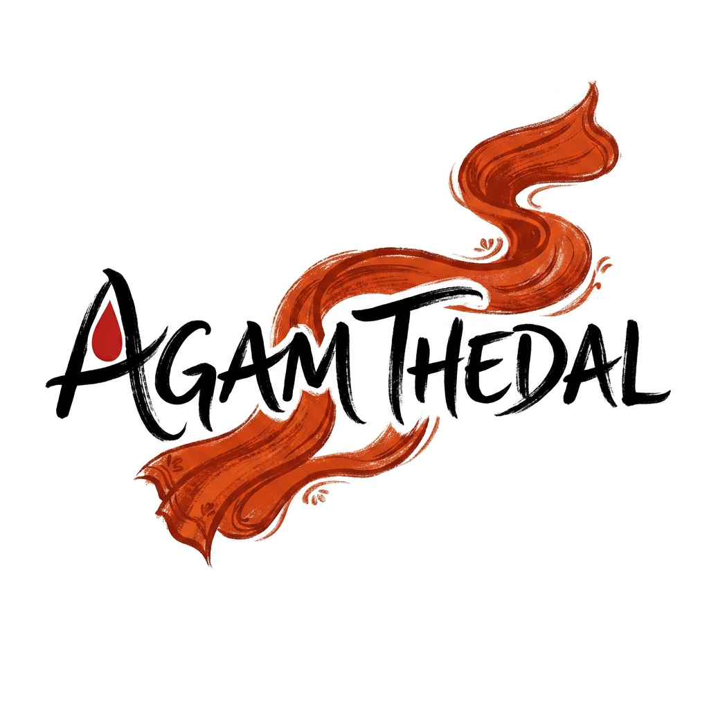 AI Design for CREATE A UNIQUE SOULFUL LOGO FOR "AGAM THEDAL" LIKE Using only black white with either red /yellow or orange as a dot or a saree flow some where (using 3 colors black and white with red or orange)