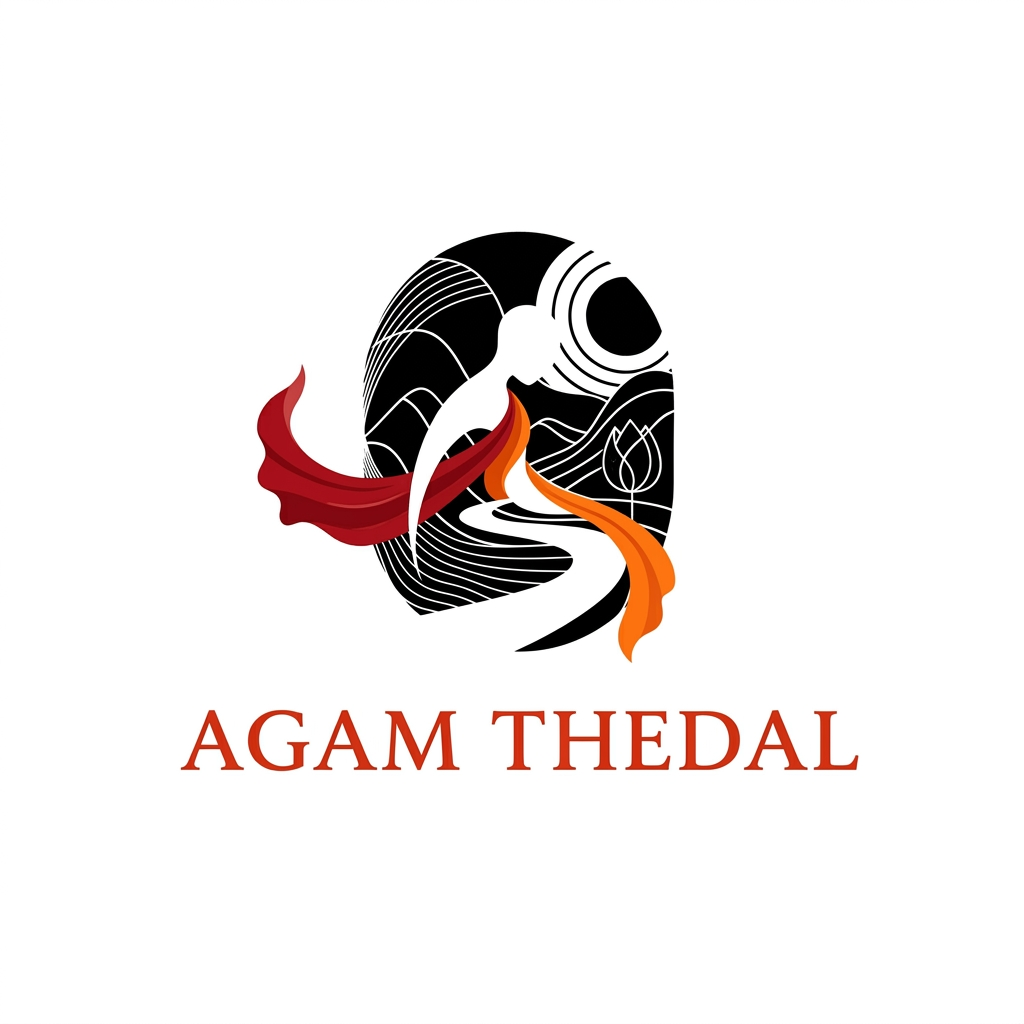 AI Design for CREATE A UNIQUE SOULFUL LOGO FOR "AGAM THEDAL" LIKE Using only black white with either red /yellow or orange as a dot or a saree flow some where (using 3 colors black and white with red or orange)