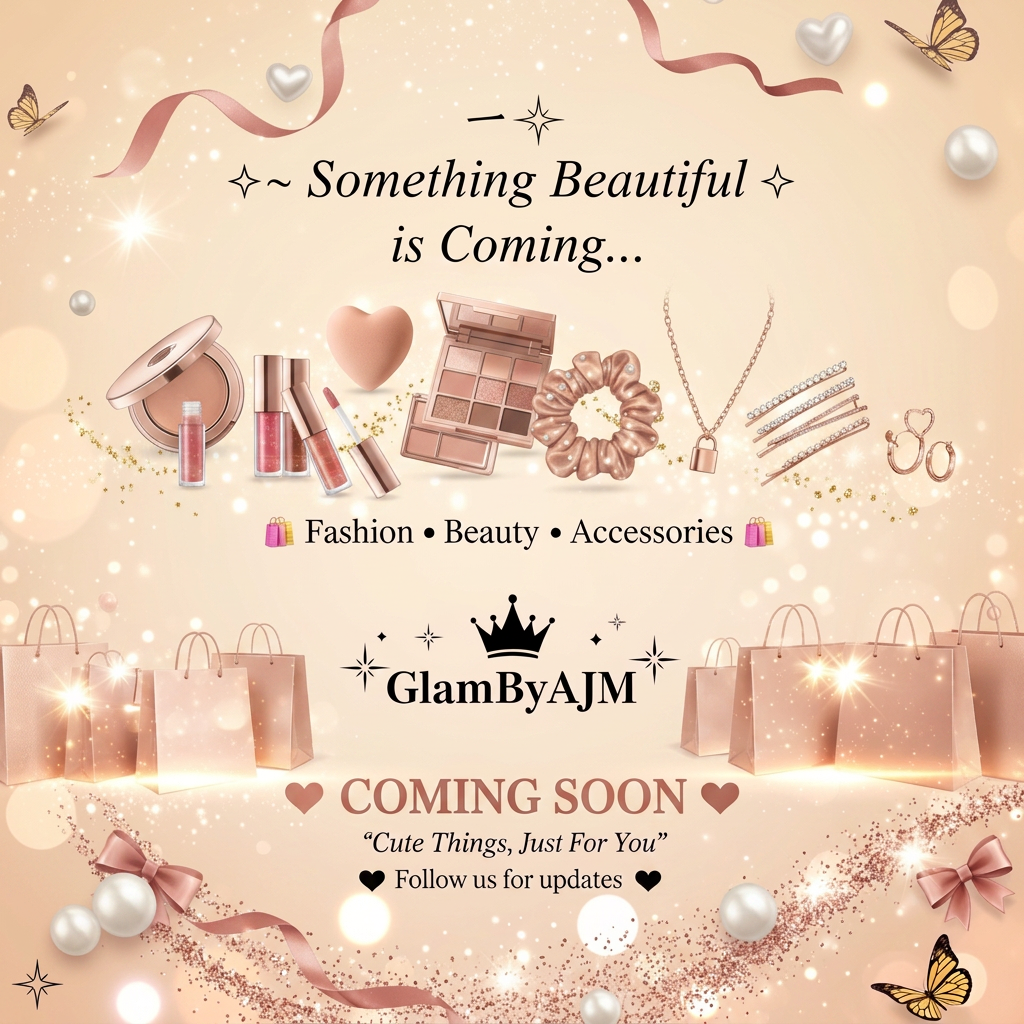 AI Design for GlamByAJM – Coming Soon Video Prompt
Style: Luxury, Feminine, Cute, Aesthetic, Soft Glam
Duration: 10–15 seconds
Color Theme: Blush Pink, Nude Beige, Rose Gold, White
Music: Soft dreamy beauty/fashion instrumental
Scene 1 (0–3 sec)
Soft pink background with floating sparkles, ribbons, hearts and glowing particles.
Text appears elegantly:
✨ Something Beautiful is Coming...
Scene 2 (3–6 sec)
Cute beauty products slowly appear:
Pink lipstick
Lip gloss
Makeup compact
Hair scrunchie
Pearl hair clip
Minimal jewelry
Golden sparkles moving around them.
Scene 3 (6–10 sec)
Luxury shopping bags slide into frame with soft glow effect.is ma ny cute cute mini makeup ki pics use karo or hair or jewllery accessories bi cute hon trend ma jo chal rahi
Text:
🛍️ Fashion • Beauty • Accessories
Scene 4 (10–15 sec)
Your GlamByAJM logo appears in center with crown and sparkles.
Text below:
💖 COMING SOON 💖
"Cute Things, Just For You"
Follow us for updates ✨
Background filled with floating hearts, bows, pearls and rose-gold shimmer.
Extra Effects
Slow zoom in
Glitter transitions
Floating butterflies
Soft bokeh lights
Rose gold sparkles
Elegant fade out thora or differenr sa nana kar do pics attractive hon or cute cute things ho us ma or coming soon jo likho wo thora bold kar ky likhna taky prominent nazar ai or koi or colour ma bana kar de do pink ky ilawa agar koi or ho to thora us ma chizy ki pics bi change karo baar baar wohi add na karo hair accaesorries bi add karo jawellery bi or makeup bi
