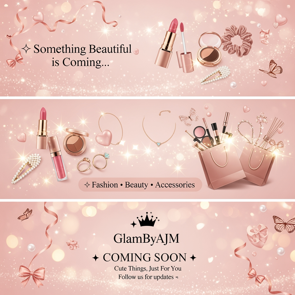 AI Design for GlamByAJM – Coming Soon Video Prompt
Style: Luxury, Feminine, Cute, Aesthetic, Soft Glam
Duration: 10–15 seconds
Color Theme: Blush Pink, Nude Beige, Rose Gold, White
Music: Soft dreamy beauty/fashion instrumental
Scene 1 (0–3 sec)
Soft pink background with floating sparkles, ribbons, hearts and glowing particles.
Text appears elegantly:
✨ Something Beautiful is Coming...
Scene 2 (3–6 sec)
Cute beauty products slowly appear:
Pink lipstick
Lip gloss
Makeup compact
Hair scrunchie
Pearl hair clip
Minimal jewelry
Golden sparkles moving around them.
Scene 3 (6–10 sec)
Luxury shopping bags slide into frame with soft glow effect.is ma ny cute cute mini makeup ki pics use karo or hair or jewllery accessories bi cute hon trend ma jo chal rahi
Text:
🛍️ Fashion • Beauty • Accessories
Scene 4 (10–15 sec)
Your GlamByAJM logo appears in center with crown and sparkles.
Text below:
💖 COMING SOON 💖
"Cute Things, Just For You"
Follow us for updates ✨
Background filled with floating hearts, bows, pearls and rose-gold shimmer.
Extra Effects
Slow zoom in
Glitter transitions
Floating butterflies
Soft bokeh lights
Rose gold sparkles
Elegant fade out