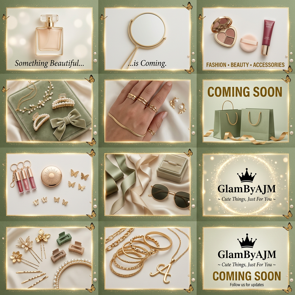 AI Design for GlamByAJM – Coming Soon Video Prompt
Style: Luxury, Feminine, Cute, Aesthetic, Soft Glam
Duration: 10–15 seconds
Color Theme: Blush Pink, Nude Beige, Rose Gold, White
Music: Soft dreamy beauty/fashion instrumental
Scene 1 (0–3 sec)
Soft pink background with floating sparkles, ribbons, hearts and glowing particles.
Text appears elegantly:
✨ Something Beautiful is Coming...
Scene 2 (3–6 sec)
Cute beauty products slowly appear:
Pink lipstick
Lip gloss
Makeup compact
Hair scrunchie
Pearl hair clip
Minimal jewelry
Golden sparkles moving around them.
Scene 3 (6–10 sec)
Luxury shopping bags slide into frame with soft glow effect.is ma ny cute cute mini makeup ki pics use karo or hair or jewllery accessories bi cute hon trend ma jo chal rahi
Text:
🛍️ Fashion • Beauty • Accessories
Scene 4 (10–15 sec)
Your GlamByAJM logo appears in center with crown and sparkles.
Text below:
💖 COMING SOON 💖
"Cute Things, Just For You"
Follow us for updates ✨
Background filled with floating hearts, bows, pearls and rose-gold shimmer.
Extra Effects
Slow zoom in
Glitter transitions
Floating butterflies
Soft bokeh lights
Rose gold sparkles
Elegant fade out thora or differenr sa nana kar do pics attractive hon or cute cute things ho us ma or coming soon jo likho wo thora bold kar ky likhna taky prominent nazar ai or koi or colour ma bana kar de do pink ky ilawa agar koi or ho to thora us ma chizy ki pics bi change karo baar baar wohi add na karo hair accaesorries bi add karo jawellery bi or makeup bi