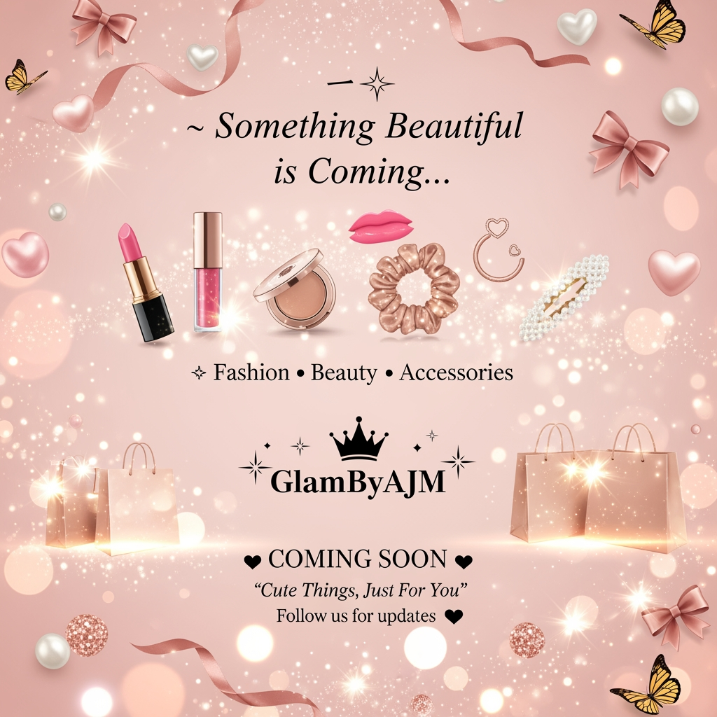 AI Design for GlamByAJM – Coming Soon Video Prompt
Style: Luxury, Feminine, Cute, Aesthetic, Soft Glam
Duration: 10–15 seconds
Color Theme: Blush Pink, Nude Beige, Rose Gold, White
Music: Soft dreamy beauty/fashion instrumental
Scene 1 (0–3 sec)
Soft pink background with floating sparkles, ribbons, hearts and glowing particles.
Text appears elegantly:
✨ Something Beautiful is Coming...
Scene 2 (3–6 sec)
Cute beauty products slowly appear:
Pink lipstick
Lip gloss
Makeup compact
Hair scrunchie
Pearl hair clip
Minimal jewelry
Golden sparkles moving around them.
Scene 3 (6–10 sec)
Luxury shopping bags slide into frame with soft glow effect.is ma ny cute cute mini makeup ki pics use karo or hair or jewllery accessories bi cute hon trend ma jo chal rahi
Text:
🛍️ Fashion • Beauty • Accessories
Scene 4 (10–15 sec)
Your GlamByAJM logo appears in center with crown and sparkles.
Text below:
💖 COMING SOON 💖
"Cute Things, Just For You"
Follow us for updates ✨
Background filled with floating hearts, bows, pearls and rose-gold shimmer.
Extra Effects
Slow zoom in
Glitter transitions
Floating butterflies
Soft bokeh lights
Rose gold sparkles
Elegant fade out