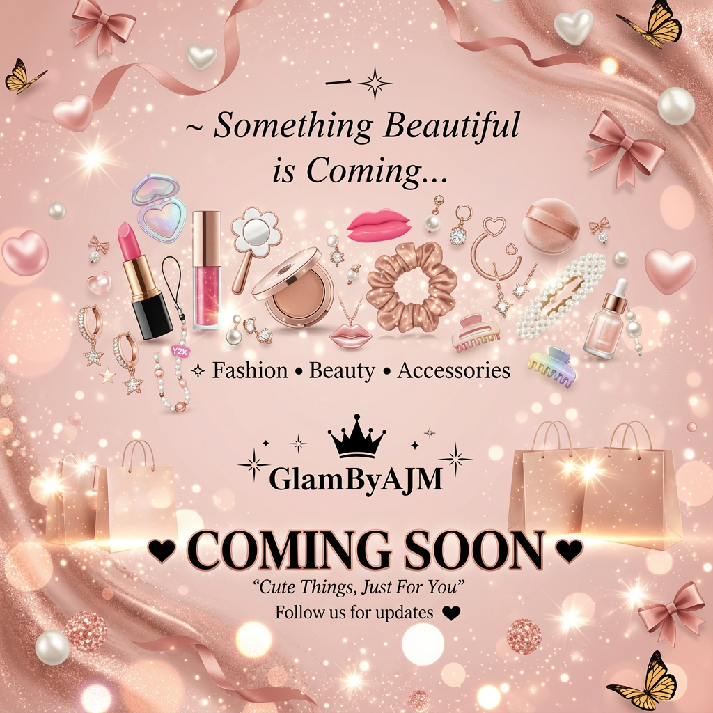 AI Design for GlamByAJM – Coming Soon Video Prompt
Style: Luxury, Feminine, Cute, Aesthetic, Soft Glam
Duration: 10–15 seconds
Color Theme: Blush Pink, Nude Beige, Rose Gold, White
Music: Soft dreamy beauty/fashion instrumental
Scene 1 (0–3 sec)
Soft pink background with floating sparkles, ribbons, hearts and glowing particles.
Text appears elegantly:
✨ Something Beautiful is Coming...
Scene 2 (3–6 sec)
Cute beauty products slowly appear:
Pink lipstick
Lip gloss
Makeup compact
Hair scrunchie
Pearl hair clip
Minimal jewelry
Golden sparkles moving around them.
Scene 3 (6–10 sec)
Luxury shopping bags slide into frame with soft glow effect.is ma ny cute cute mini makeup ki pics use karo or hair or jewllery accessories bi cute hon trend ma jo chal rahi
Text:
🛍️ Fashion • Beauty • Accessories
Scene 4 (10–15 sec)
Your GlamByAJM logo appears in center with crown and sparkles.
Text below:
💖 COMING SOON 💖
"Cute Things, Just For You"
Follow us for updates ✨
Background filled with floating hearts, bows, pearls and rose-gold shimmer.
Extra Effects
Slow zoom in
Glitter transitions
Floating butterflies
Soft bokeh lights
Rose gold sparkles
Elegant fade out thora or differenr sa nana kar do pics attractive hon or cute cute things ho us ma or coming soon jo likho wo thora bold kar ky likhna taky prominent nazar ai
