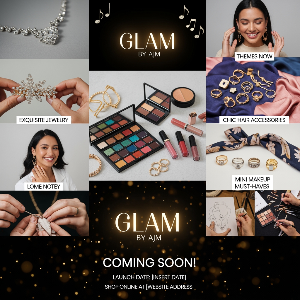 AI Design for mujy aik coming soon ki video bana kar do mtlb brnad ki opening karni ha online tu mujy us ky lia aik video bana kar do 1 ya 2 mints ki video ho brand ka name ha "Glam by AJM" hamari jo products hain wo jewllery , hair accessories and mini makeup to mujy is hisab sy aik 2 mint ki video bana kar do