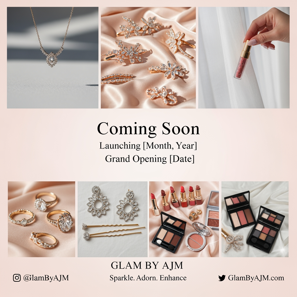 AI Design for mujy aik coming soon ki video bana kar do mtlb brnad ki opening karni ha online tu mujy us ky lia aik video bana kar do 1 ya 2 mints ki video ho brand ka name ha "Glam by AJM" hamari jo products hain wo jewllery , hair accessories and mini makeup to mujy is hisab sy aik 2 mint ki video bana kar do