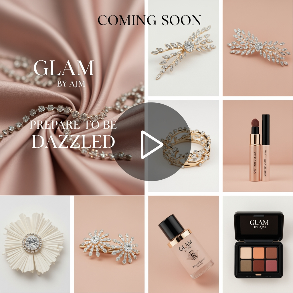 AI Design for mujy aik coming soon ki video bana kar do mtlb brnad ki opening karni ha online tu mujy us ky lia aik video bana kar do 1 ya 2 mints ki video ho brand ka name ha "Glam by AJM" hamari jo products hain wo jewllery , hair accessories and mini makeup to mujy is hisab sy aik 2 mint ki video bana kar do