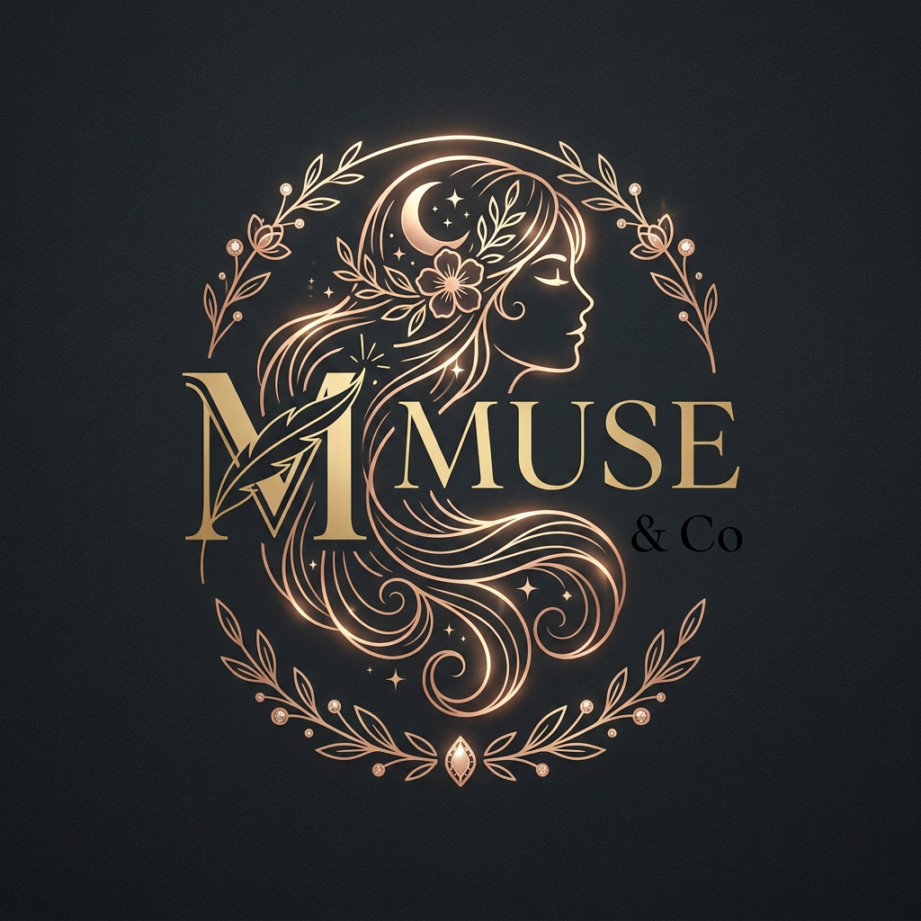 AI Design for Logo Design Brief – Muse & Co
A luxurious, sophisticated, and artistic logo for "MUSE & CO.", a premium brand specializing in jewelry, hair accessories, and mini makeup. The logo is set against a deep, dark charcoal grey background with a refined, matte finish. The primary emblem is a stylized, elegant female profile (Muse) intricately crafted with flowing, artistic line work in glowing Rose Gold and Champagne accents. Her hair is beautifully adorned with integrated elements: a subtle crescent moon with tiny sparkling stars (jewelry/sparkle), a delicate flower (makeup/floral), and delicate foliage (hair accessories). The profile is encircled by a minimalist floral and jewel-accented wreath. Below the icon, the brand name "MUSE & CO." is written in a premium, elegant serif font (Aesthet Serif) in rich Rose Gold. Below the main name, the description "JEWELRY | HAIR ACCESSORIES | BEAUTY" is set in a fine, elegant sans-serif typeface in Soft Champagne. The logo is centered with balanced negative space. The design is elegant, artistic, and alluring, combining sophistication with high-fashion appeal. The lines are precise, smooth, and refined with subtle shimmering texture in the rose gold elements. The background shows a gentle fabric texture. The image has a horizontal orientation (16:9).