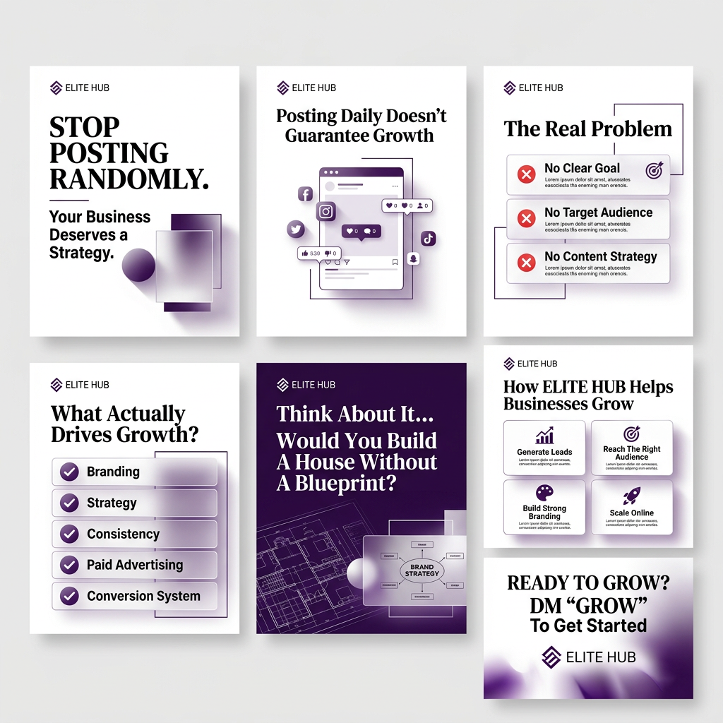 AI Design for Create a premium 7-slide Instagram carousel for a luxury digital marketing agency called ELITE HUB. Use a clean white, purple, and black color palette with modern corporate branding. Minimalist layout, bold typography, glassmorphism effects, geometric shapes, premium gradients, elegant spacing, luxury startup aesthetic, high-end marketing agency design, consistent branding across all slides. Instagram carousel size 1080x1350.
Slide 1:
Large headline:
"STOP POSTING RANDOMLY."
Subheadline:
"Your Business Deserves a Strategy."
Premium hero design with abstract purple shapes and luxury business aesthetic.
Slide 2:
Headline:
"Posting Daily Doesn't Guarantee Growth"
Visual showing social media posts but low engagement.
Modern infographic style.
Slide 3:
Headline:
"The Real Problem"
Checklist:
✗ No Clear Goal
✗ No Target Audience
✗ No Content Strategy
Professional clean layout with icons.
Slide 4:
Headline:
"What Actually Drives Growth?"
Show premium growth framework:
✓ Branding
✓ Strategy
✓ Consistency
✓ Paid Advertising
✓ Conversion System
Elegant infographic design.
Slide 5:
Headline:
"Think About It..."
Quote:
"Would You Build A House Without A Blueprint?"
Luxury visual of architectural blueprint merging into brand strategy concept.
Slide 6:
Headline:
"How ELITE HUB Helps Businesses Grow"
Show:
📈 Generate Leads
🎯 Reach The Right Audience
🎨 Build Strong Branding
🚀 Scale Online
Premium agency presentation style.
Slide 7:
Strong Call To Action
Headline:
"READY TO GROW?"
Text:
"DM 'GROW' To Get Started"
ELITE HUB logo placement, luxury finish, premium closing slide, modern corporate branding, elegant purple glow effects.
Ultra-sharp typography, professional business marketing style, luxury branding, Apple-inspired design quality, clean visual hierarchy, highly engaging Instagram carousel.