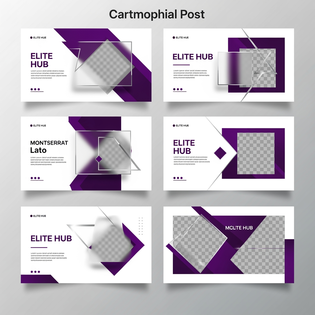 AI Design for Premium Instagram carousel design for ELITE HUB, luxury white and purple theme, modern corporate branding, clean layout, bold typography, premium business aesthetic, glassmorphism elements, geometric shapes, soft shadows, professional marketing agency style, minimal design, high-end startup branding, elegant spacing, Instagram carousel format 1080x1350, consistent branding across all slides, luxury and trustworthy appearance.