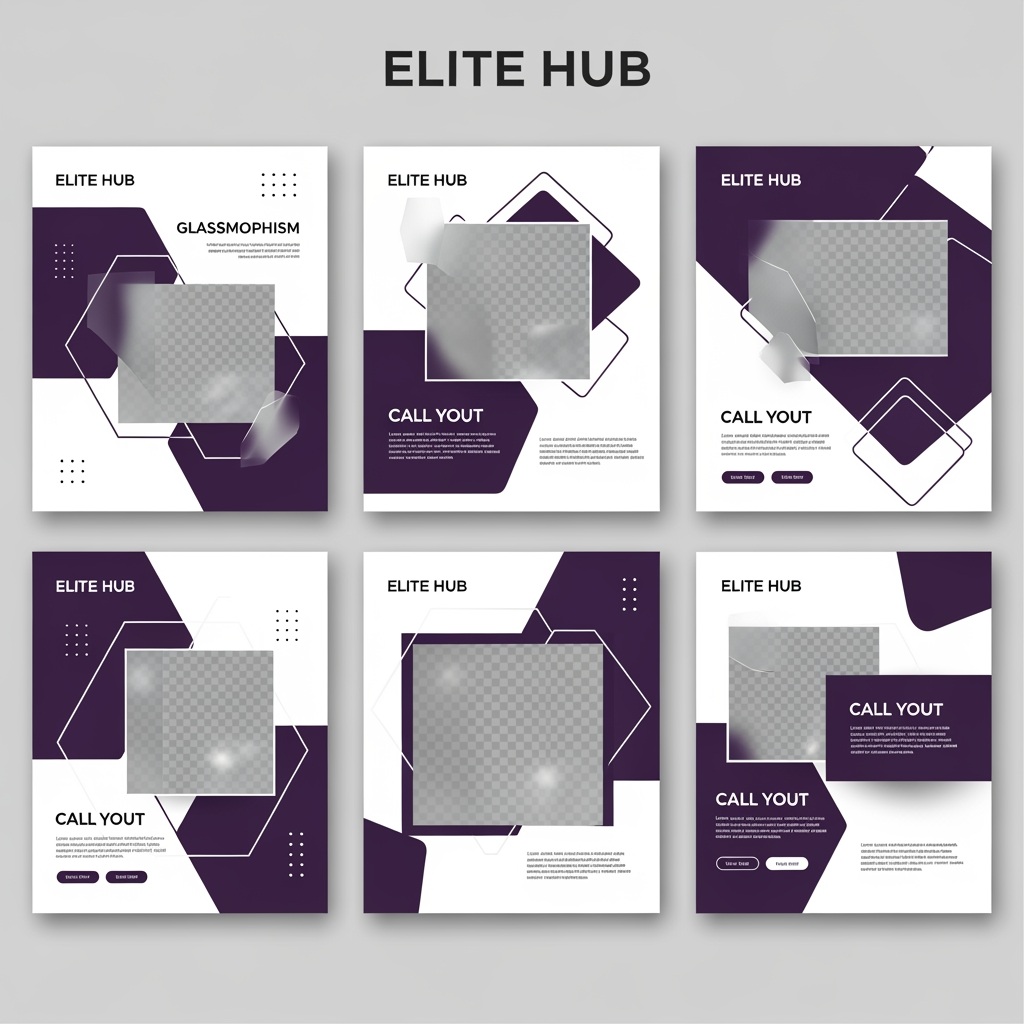 AI Design for Premium Instagram carousel design for ELITE HUB, luxury white and purple theme, modern corporate branding, clean layout, bold typography, premium business aesthetic, glassmorphism elements, geometric shapes, soft shadows, professional marketing agency style, minimal design, high-end startup branding, elegant spacing, Instagram carousel format 1080x1350, consistent branding across all slides, luxury and trustworthy appearance.