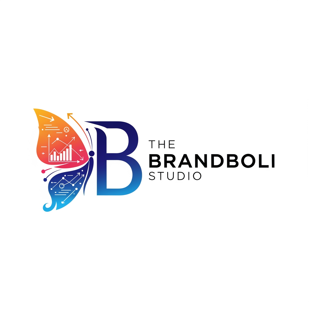 AI Design for my digital marketing agency name is The Brandboli Studio create logo my agency create attractive marketing related use elemets b shape butterfly upper side