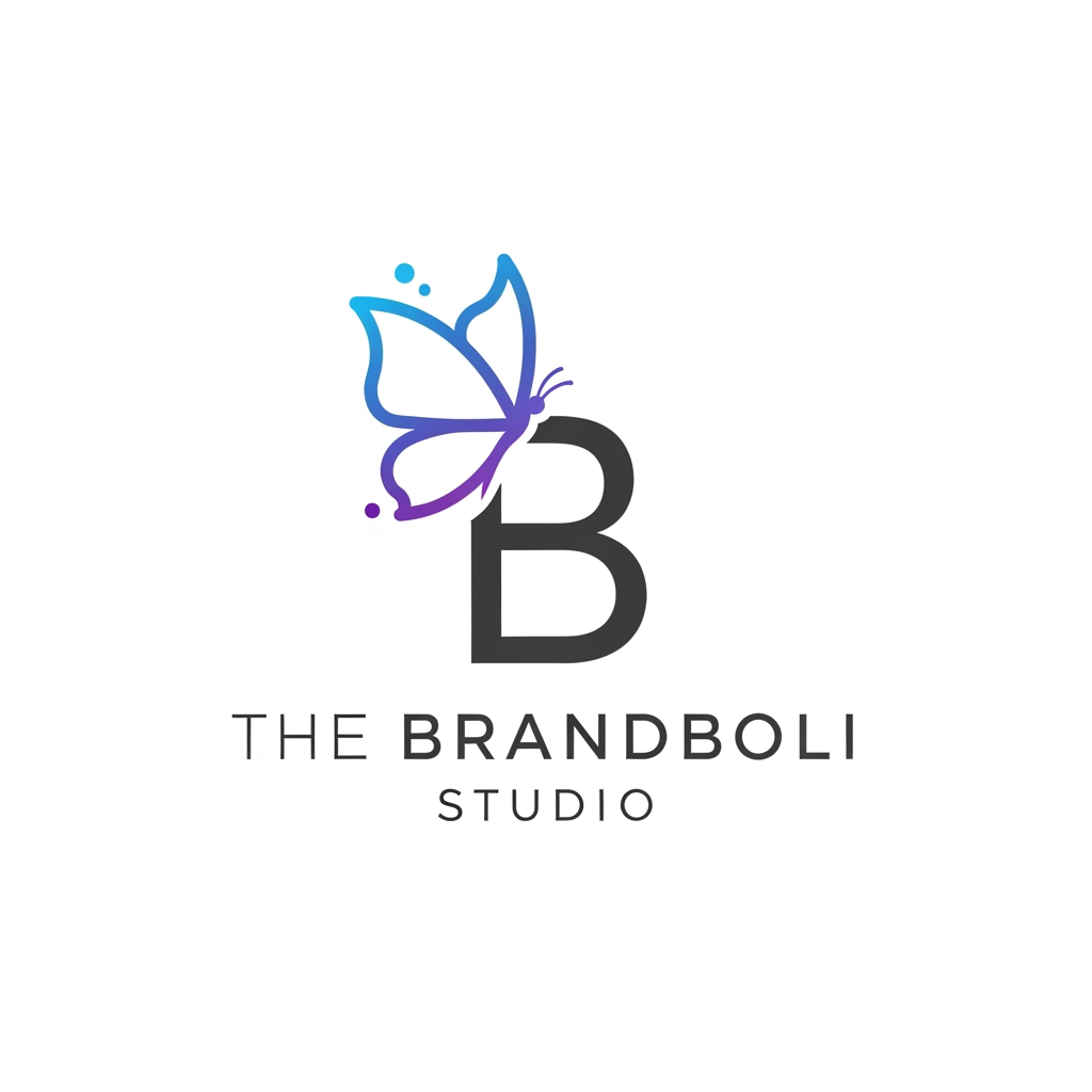 AI Design for my digital marketing agency name is The Brandboli Studio create logo my agency create attractive marketing related use elemets b shape butterfly upper side