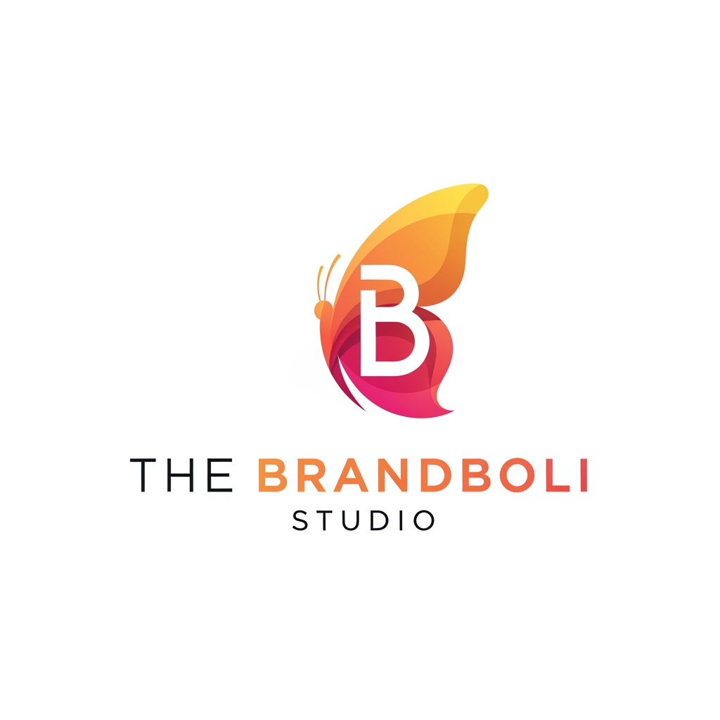 AI Design for my digital marketing agency name is The Brandboli Studio create logo my agency create attractive marketing related use elemets b shape butterfly upper side