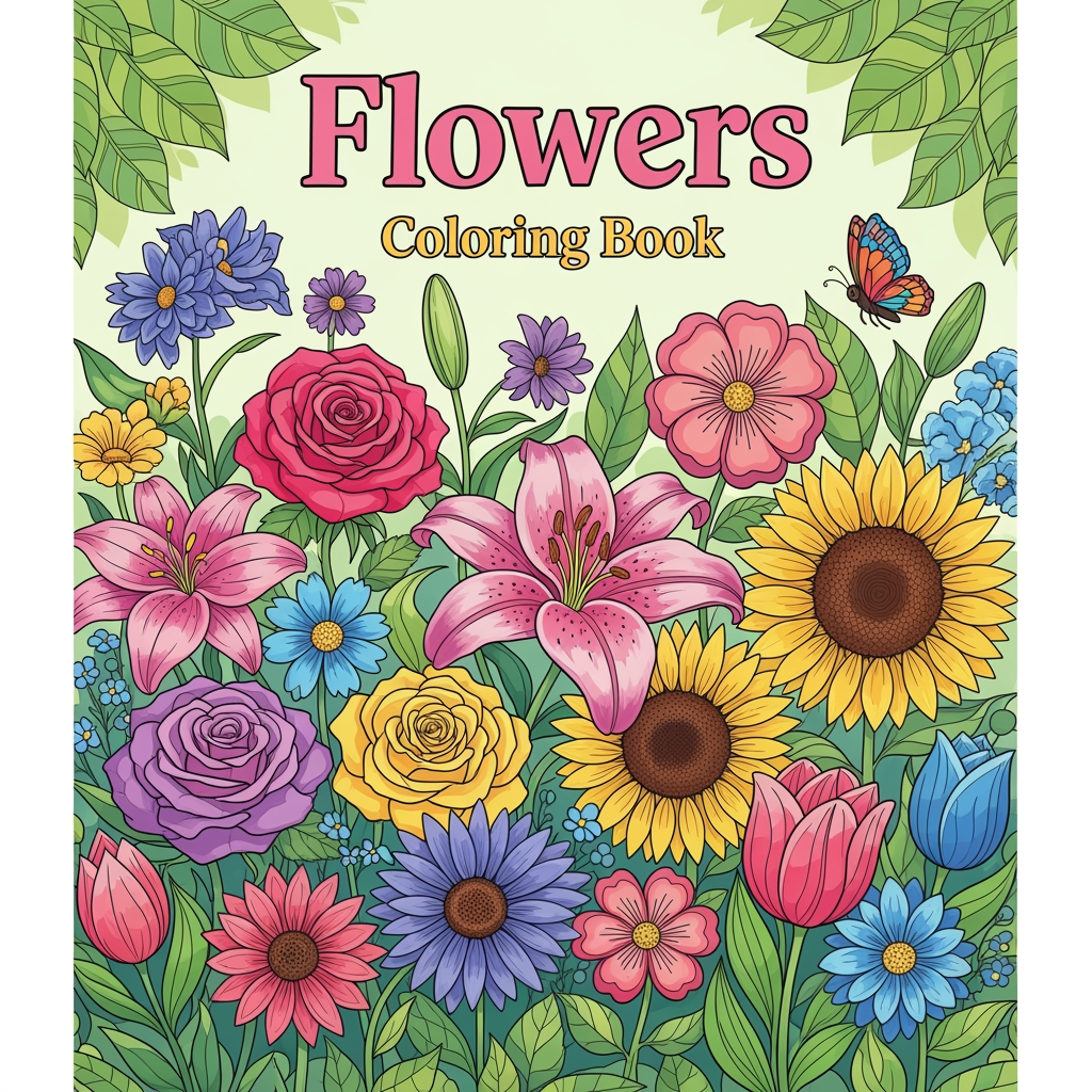 AI Design for bright,attractive,colourful cover page for my colouring book of theme flowers of size 8.5:11 inches