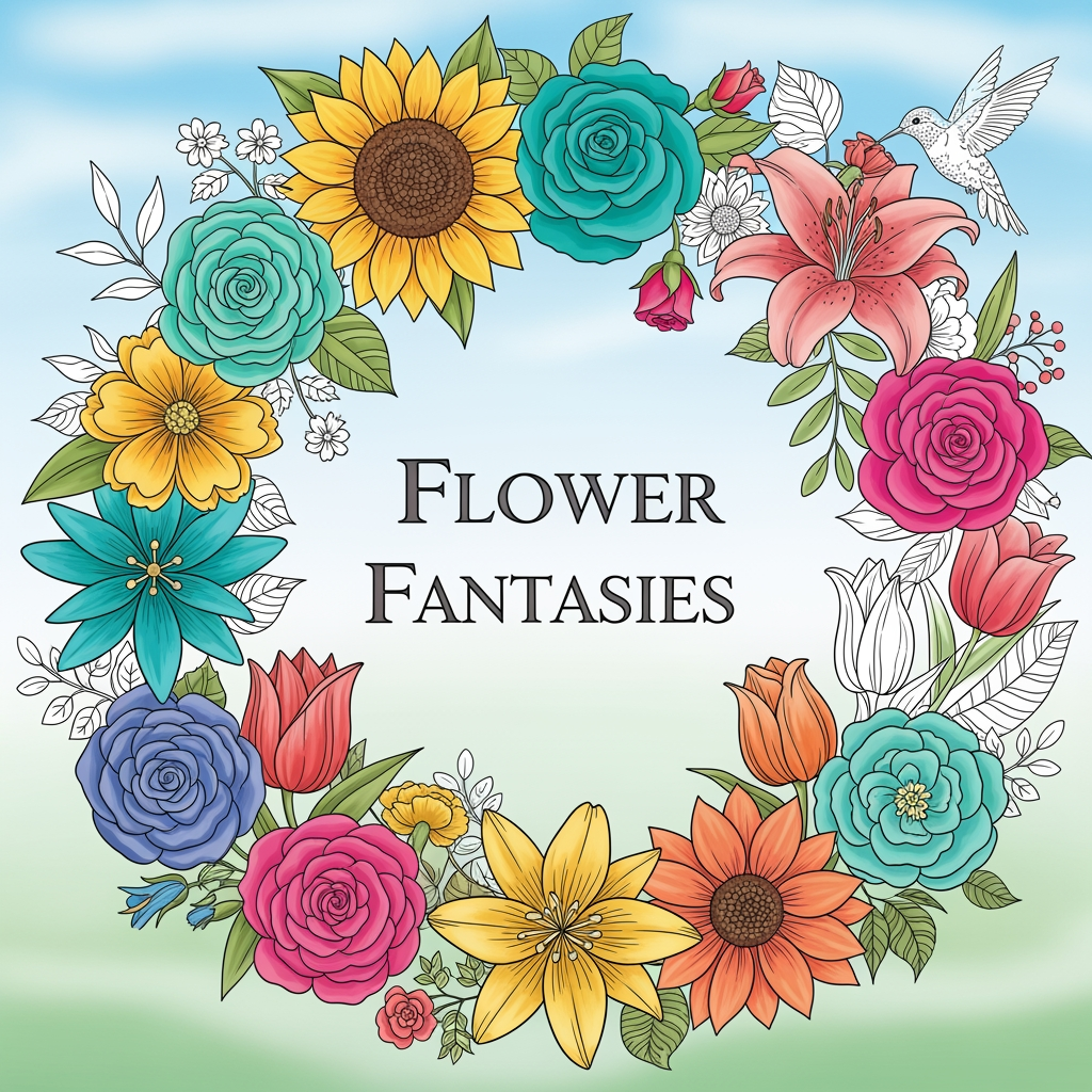AI Design for attractive,colourful cover page for my colouring book of theme flowers