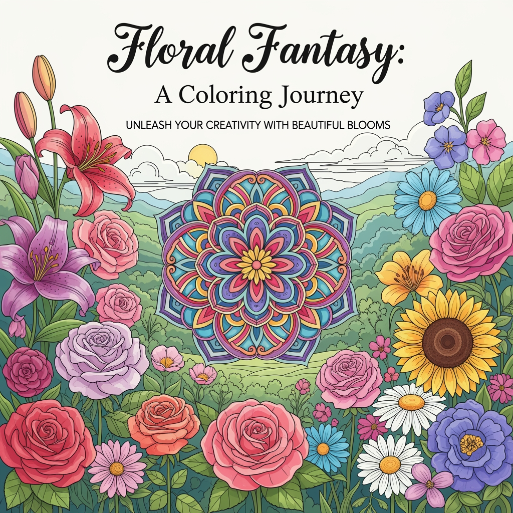 AI Design for attractive,colourful cover page for my colouring book of theme flowers