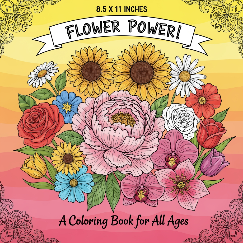 AI Design for bright,attractive,colourful cover page for my colouring book of theme flowers of size 8.5:11 inches