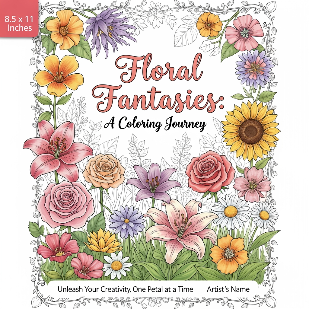 AI Design for bright,attractive,colourful cover page for my colouring book of theme flowers of size 8.5:11 inches