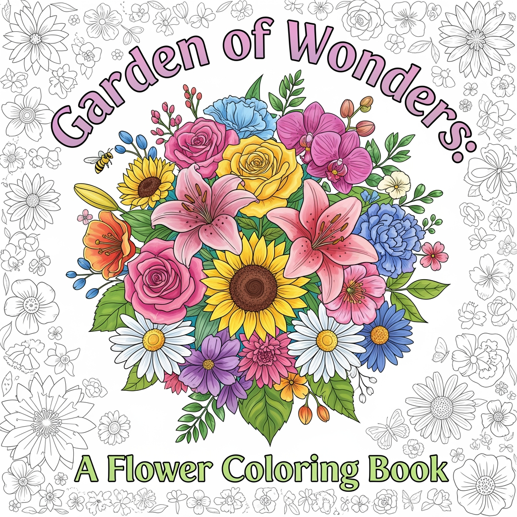 AI Design for attractive,colourful cover page for my colouring book of theme flowers