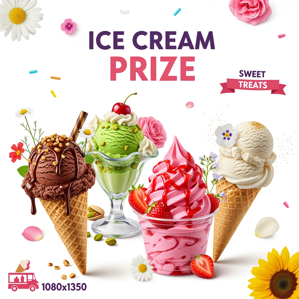 AI Design for ceeate 1 img size 1080*1350 bg clor white 4 icecream prize flawers and any other make poster