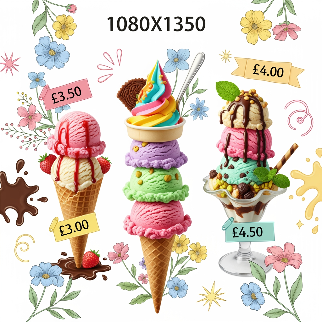 AI Design for ceeate 1 img size 1080*1350 bg clor white 4 icecream prize flawers and any other make poster