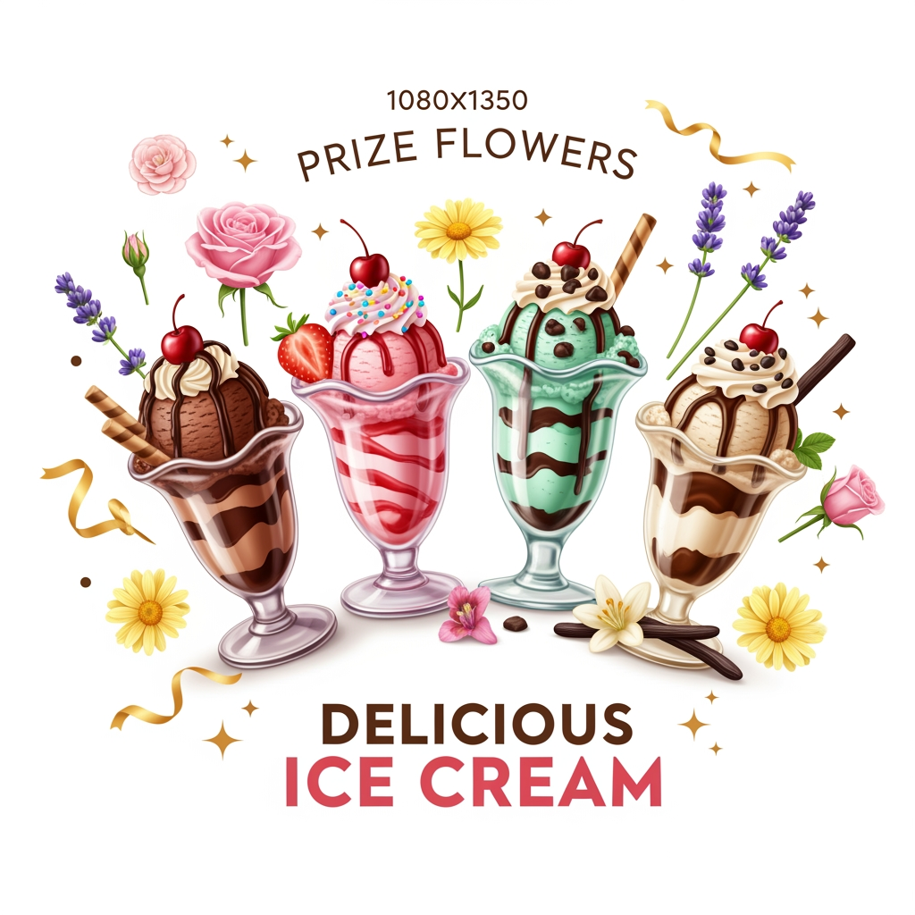 AI Design for ceeate 1 img size 1080*1350 bg clor white 4 icecream prize flawers and any other make poster
