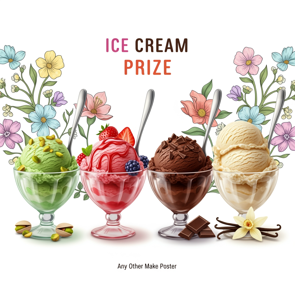 AI Design for ceeate 1 img size 1080*1350 bg clor white 4 icecream prize flawers and any other make poster