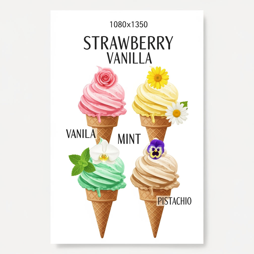 AI Design for ceeate 1 img size 1080*1350 bg clor white 4 icecream prize flawers and any other make poster