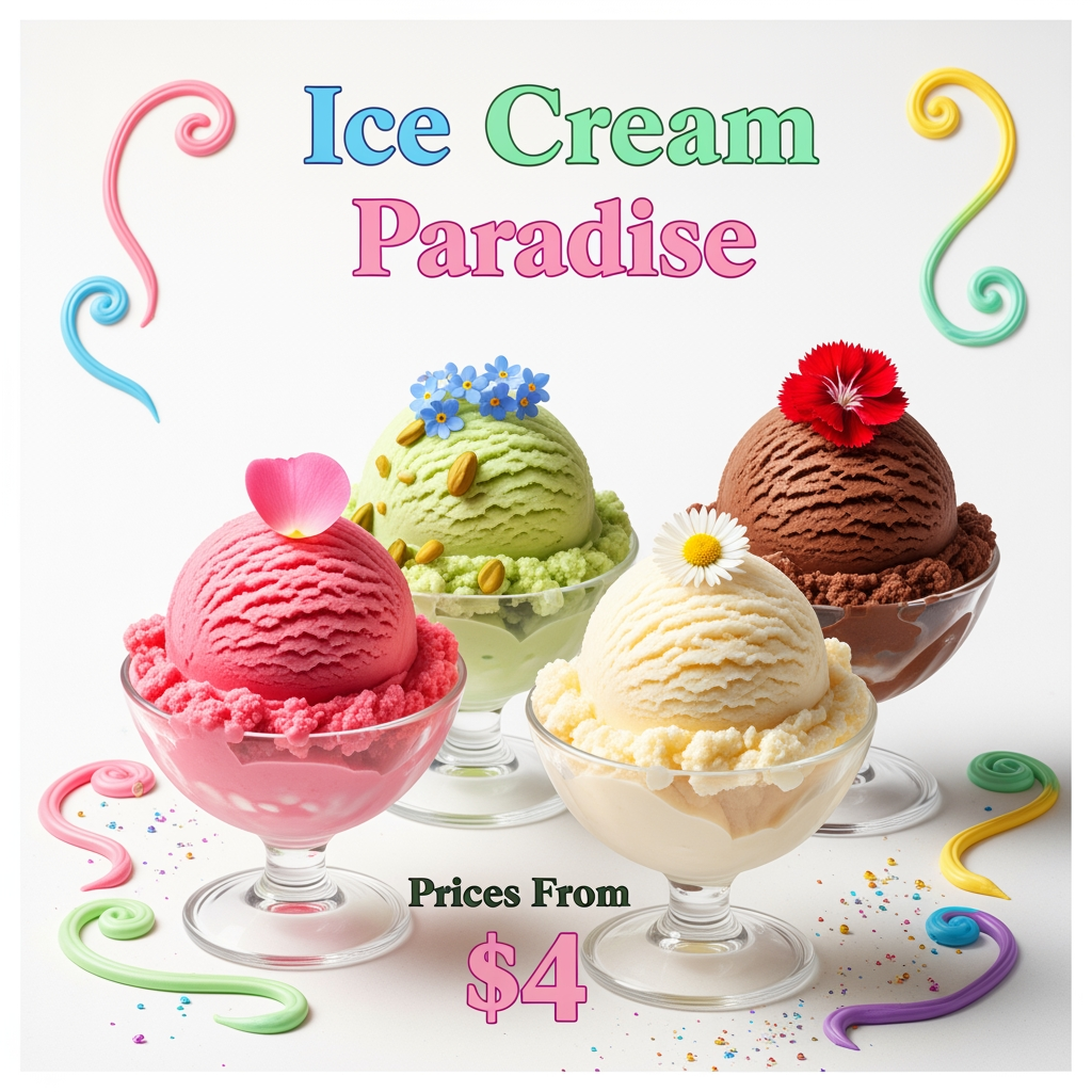 AI Design for ceeate 1 img size 1080*1350 bg clor white 4 icecream prize flawers and any other make poster