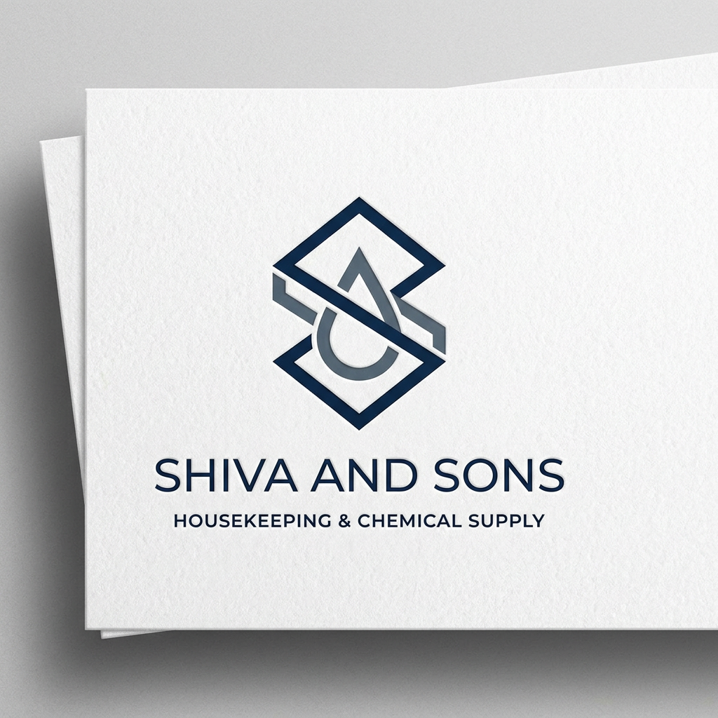 AI Design for A sophisticated and minimalist logo for a premium housekeeping and chemical supply company named Shiva and Sons. The design features clean geometric lines and elegant typography, incorporating subtle, stylized motifs of cleanliness or liquid droplets to evoke a professional and trustworthy aesthetic. Use a refined color palette of deep navy, slate gray, and crisp white to maintain a high-end, corporate appearance.