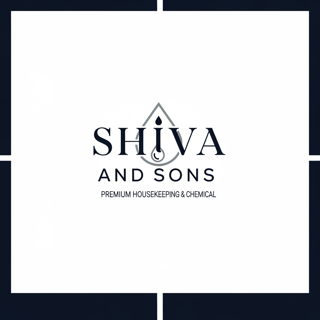 AI Design for A sophisticated and minimalist logo for a premium housekeeping and chemical supply company named Shiva and Sons. The design features clean geometric lines and elegant typography, incorporating subtle, stylized motifs of cleanliness or liquid droplets to evoke a professional and trustworthy aesthetic. Use a refined color palette of deep navy, slate gray, and crisp white to maintain a high-end, corporate appearance.