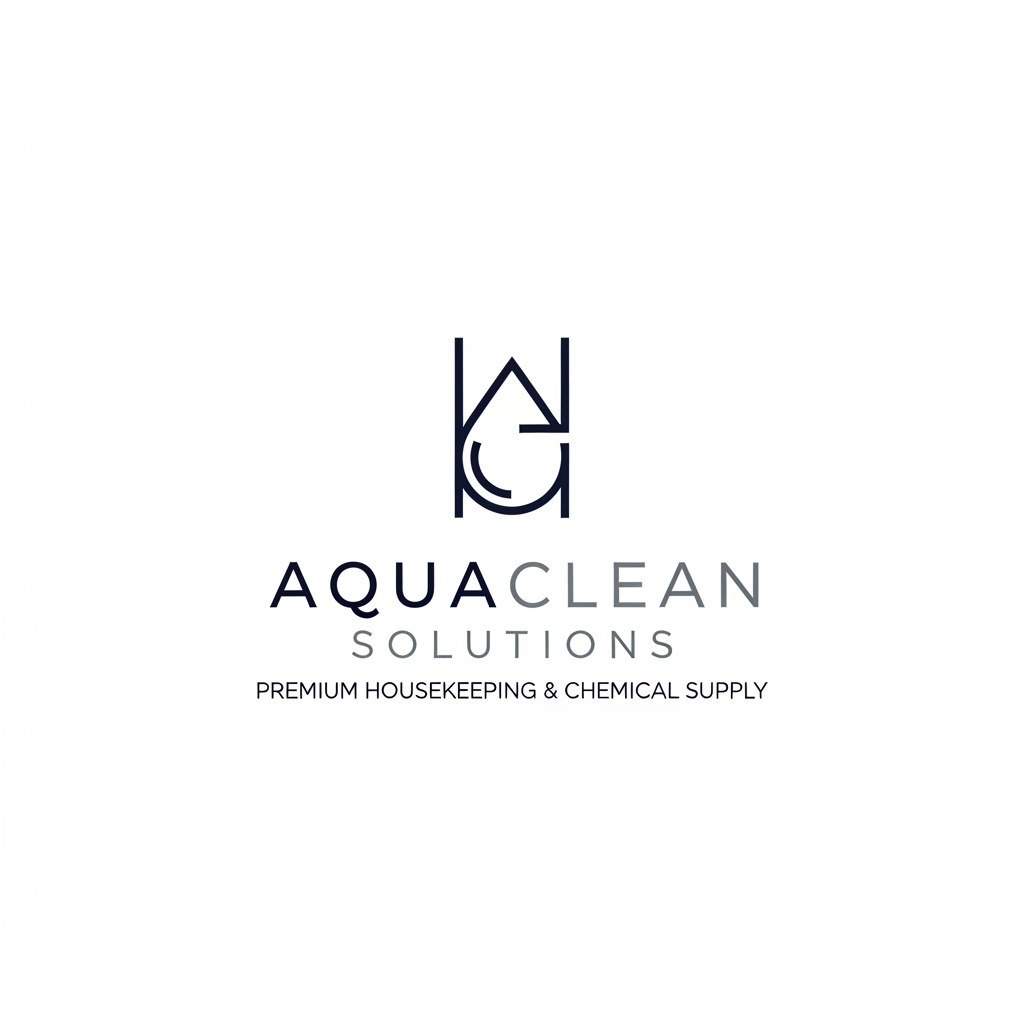 AI Design for A sophisticated and minimalist logo for a premium housekeeping and chemical supply. The design features clean geometric lines and elegant typography, incorporating subtle, stylized motifs of cleanliness or liquid droplets to evoke a professional and trustworthy aesthetic. Use a refined color palette of deep navy, slate gray, and crisp white to maintain a high-end, corporate appearance.
