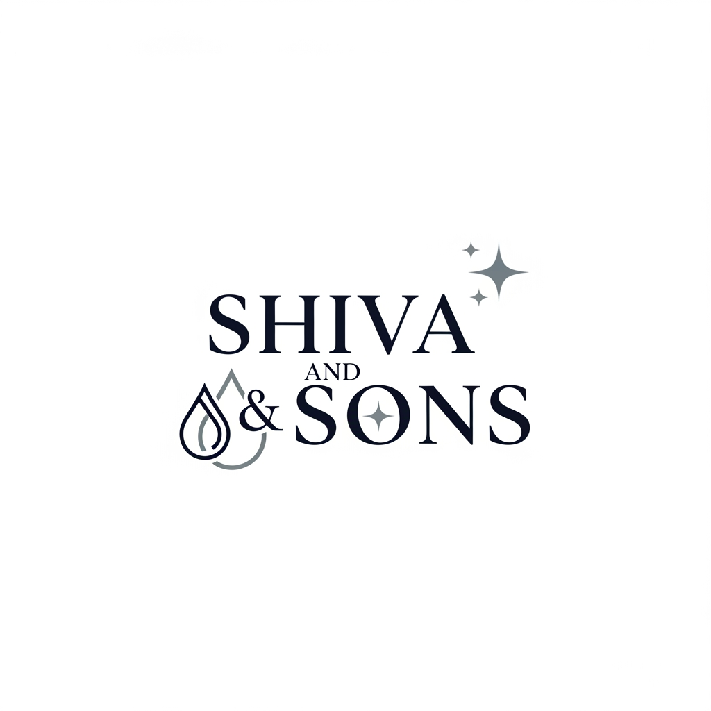 AI Design for A sophisticated and minimalist logo for a premium housekeeping and chemical supply company named Shiva and Sons. The design features clean geometric lines and elegant typography, incorporating subtle, stylized motifs of cleanliness or liquid droplets to evoke a professional and trustworthy aesthetic. Use a refined color palette of deep navy, slate gray, and crisp white to maintain a high-end, corporate appearance.