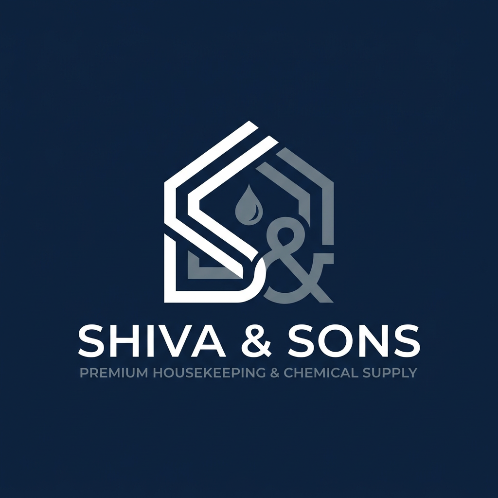 AI Design for A sophisticated and minimalist logo for a premium housekeeping and chemical supply company named Shiva and Sons. The design features clean geometric lines and elegant typography, incorporating subtle, stylized motifs of cleanliness or liquid droplets to evoke a professional and trustworthy aesthetic. Use a refined color palette of deep navy, slate gray, and crisp white to maintain a high-end, corporate appearance.