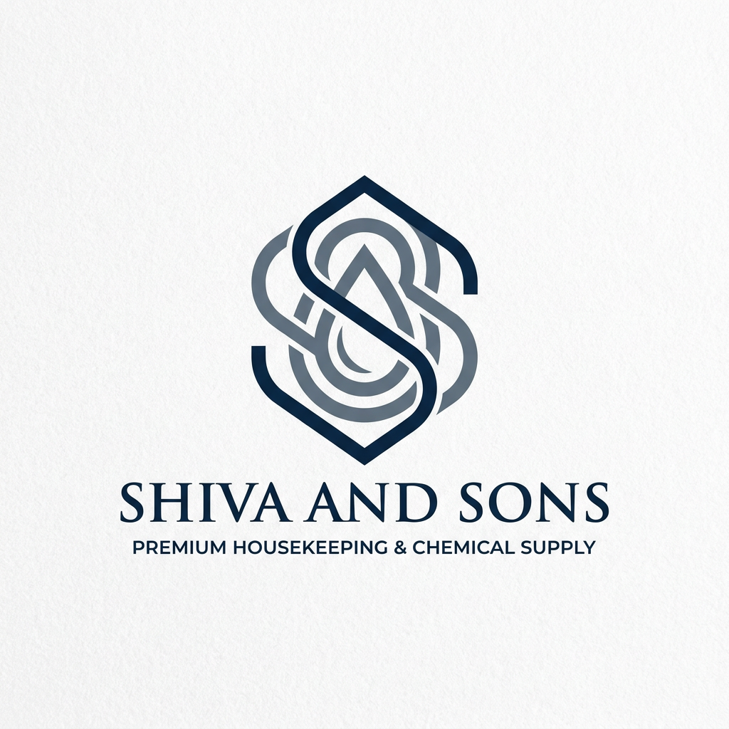 AI Design for A sophisticated and minimalist logo for a premium housekeeping and chemical supply company named Shiva and Sons. The design features clean geometric lines and elegant typography, incorporating subtle, stylized motifs of cleanliness or liquid droplets to evoke a professional and trustworthy aesthetic. Use a refined color palette of deep navy, slate gray, and crisp white to maintain a high-end, corporate appearance.