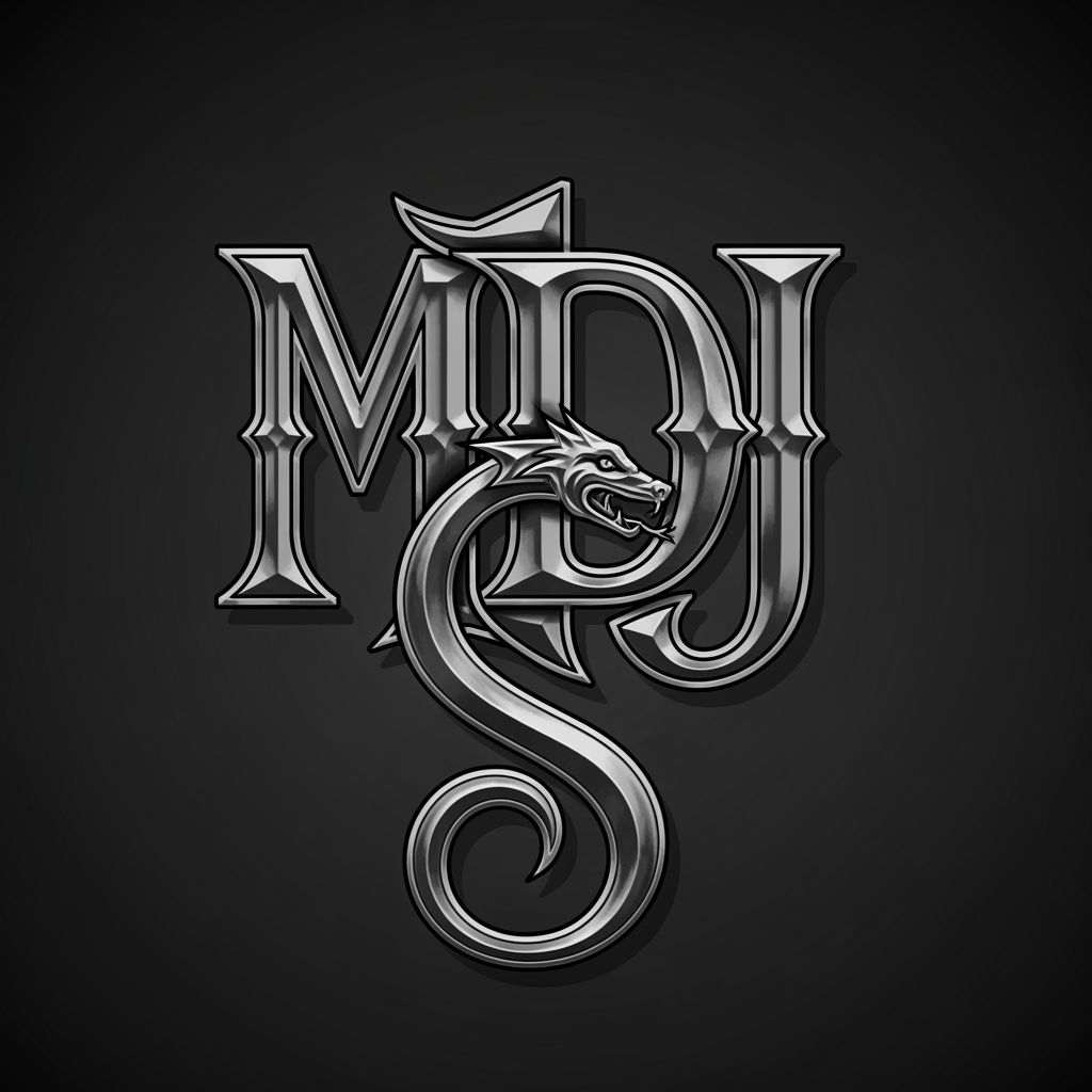AI Design for Use the Letter MDJ in a Bold writing where the J ends up in turnover like a snake