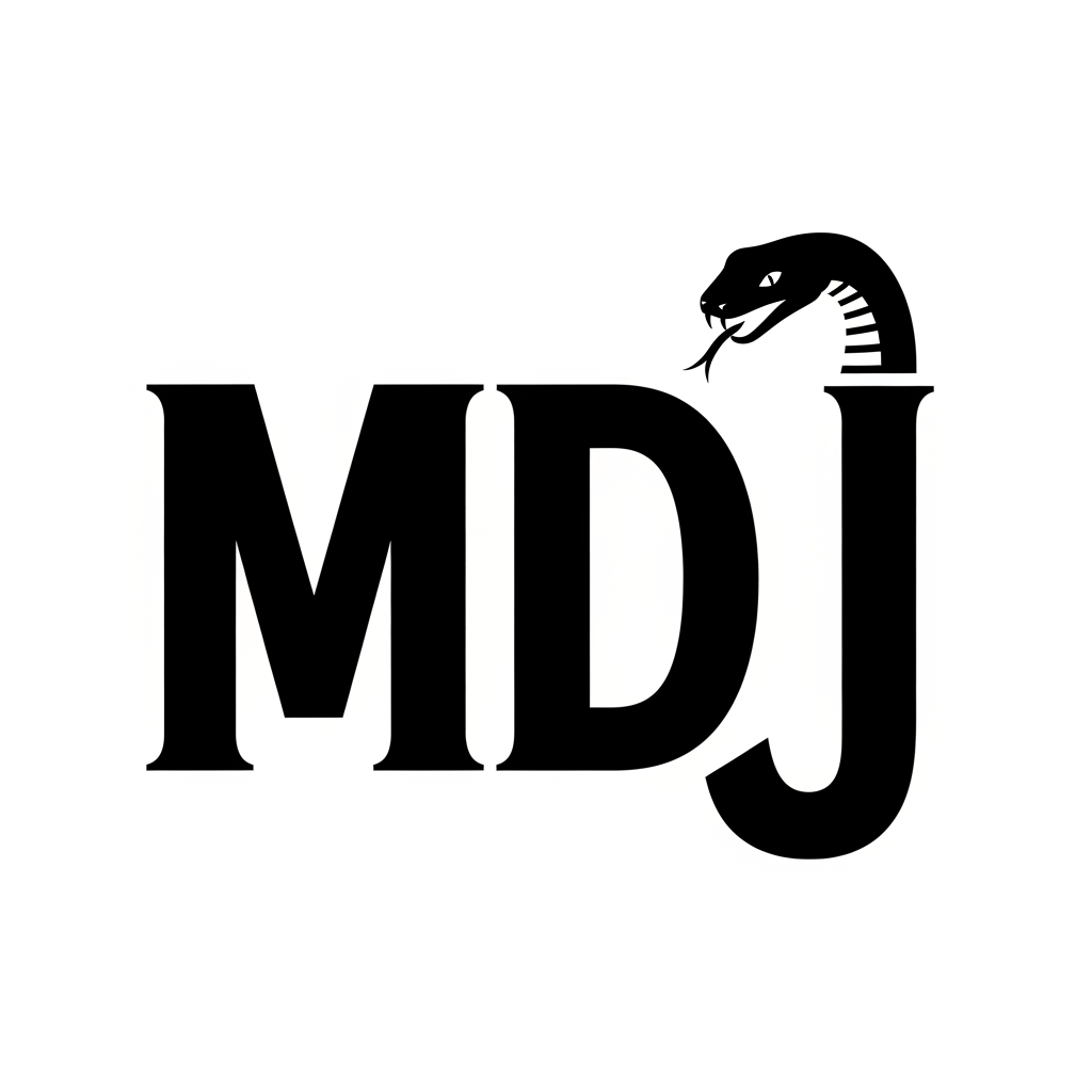 AI Design for Use the Letter MDJ in a Bold writing where the J ends up in turnover like a snake