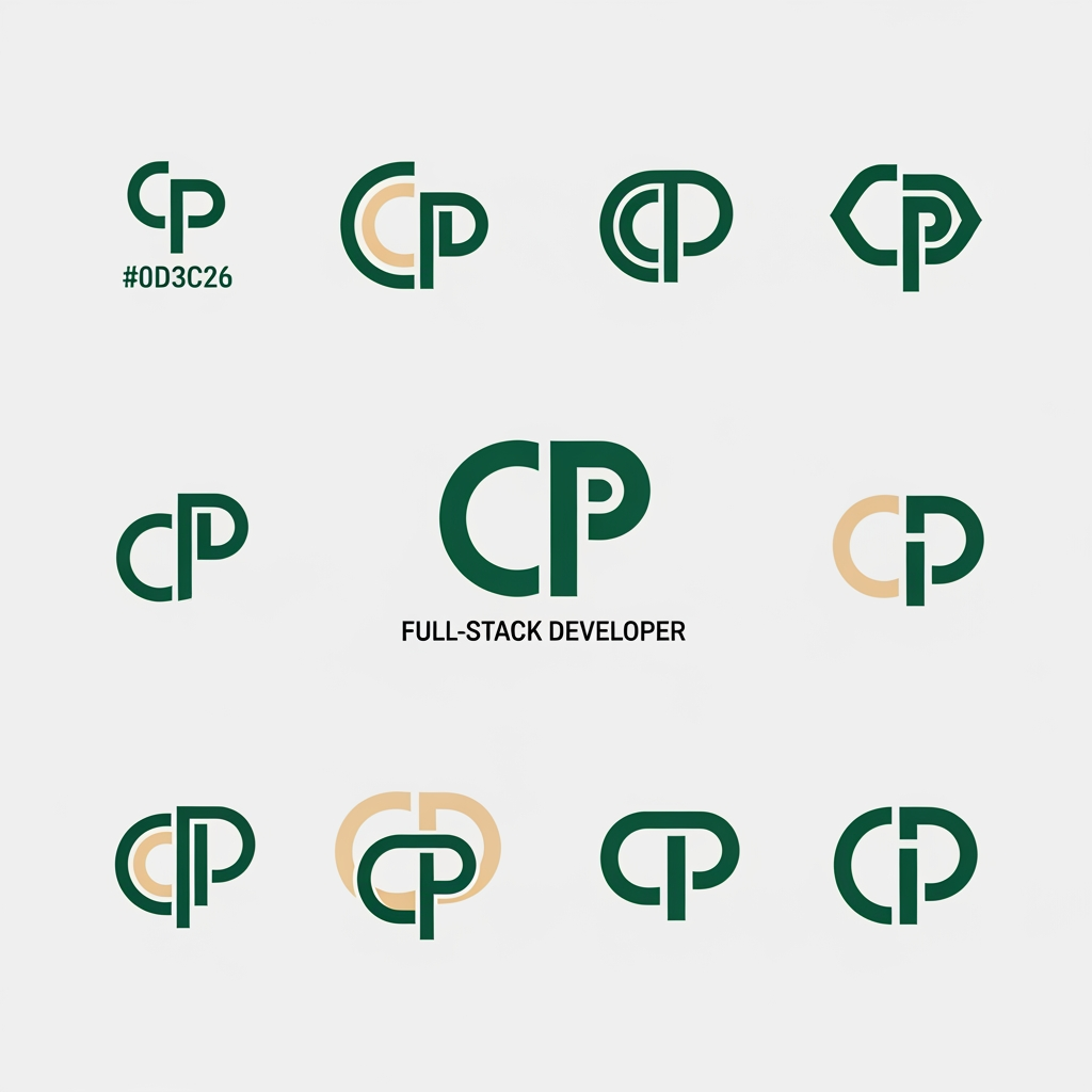 AI Design for me falta un favicon para mi web personal que tambien podría poner en el header junto a mi nombre o sustituyendolo.  Puedes diseñarme 10 favicons que me sirvan como logo tambien para mi web? quiero que contenga una C y una P porque mi nombre es carlos padron. La web es mi portfolio como desarrollador full-stack por si te sirve de ayuda. Quiero que sean logos profesionales, elegantes y llamativos. con la paleta de colores verde bosque (#0d3c26) y crema/beige (#f4eee3). Se original. Busca inspiración en internet y sorprendeme con 10 diseños únicos.