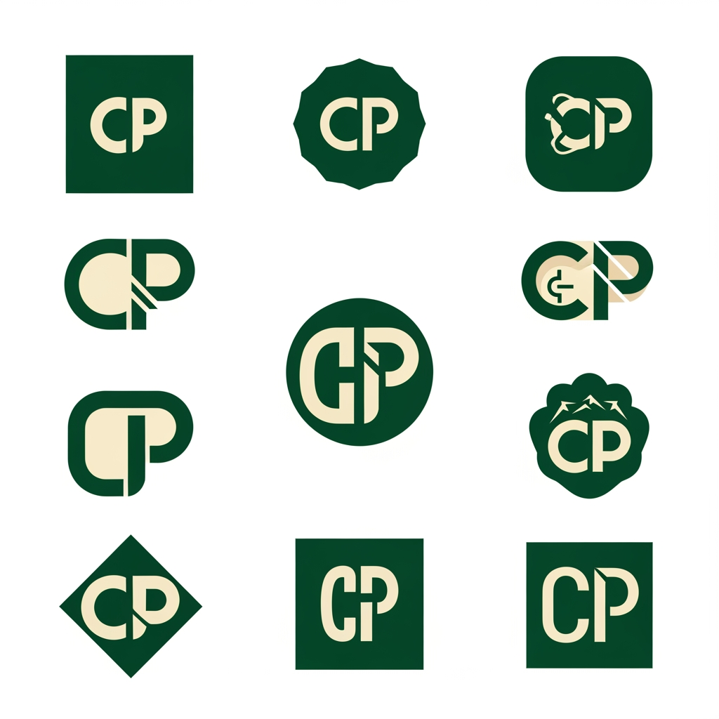 AI Design for me falta un favicon para mi web personal que tambien podría poner en el header junto a mi nombre o sustituyendolo.  Puedes diseñarme 10 favicons que me sirvan como logo tambien para mi web? quiero que contenga una C y una P porque mi nombre es carlos padron. La web es mi portfolio como desarrollador full-stack por si te sirve de ayuda. Quiero que sean logos profesionales, elegantes y llamativos. con la paleta de colores verde bosque (#0d3c26) y crema/beige (#f4eee3). Se original. Busca inspiración en internet y en los logos de grandes marcas y sorprendeme con 10 diseños únicos.
