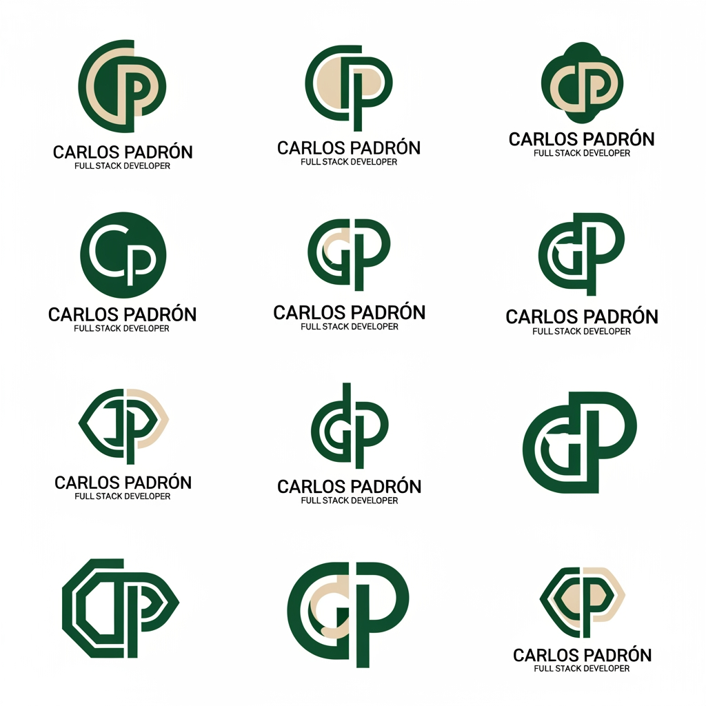 AI Design for me falta un favicon para mi web personal que tambien podría poner en el header junto a mi nombre o sustituyendolo.  Puedes diseñarme 10 favicons que me sirvan como logo tambien para mi web? quiero que contenga una C y una P porque mi nombre es carlos padron. La web es mi portfolio como desarrollador full-stack por si te sirve de ayuda. Quiero que sean logos profesionales, elegantes y llamativos. con la paleta de colores verde bosque (#0d3c26) y crema/beige (#f4eee3). Se original. Busca inspiración en internet y en los logos de grandes marcas y sorprendeme con 10 diseños únicos.