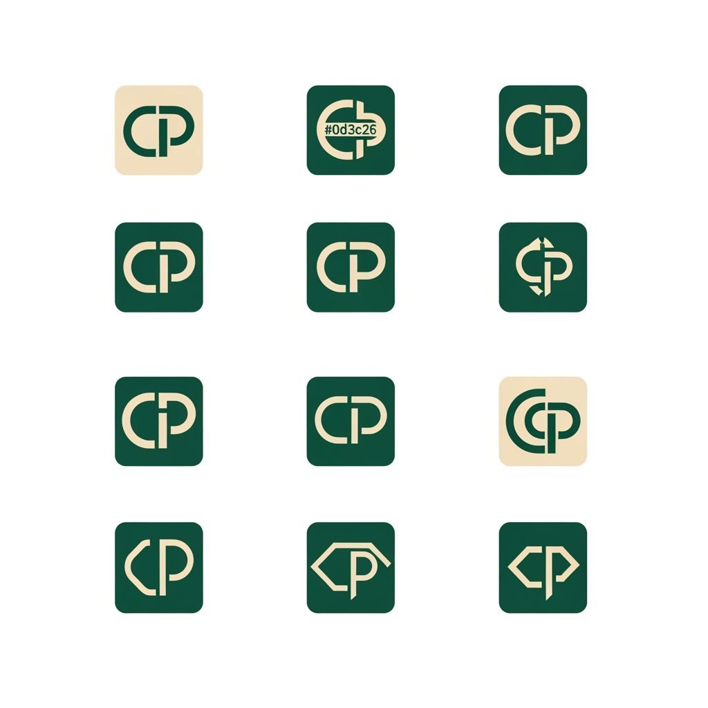 AI Design for me falta un favicon para mi web personal que tambien podría poner en el header junto a mi nombre o sustituyendolo.  Puedes diseñarme 10 favicons que me sirvan como logo tambien para mi web? quiero que contenga una C y una P porque mi nombre es carlos padron. La web es mi portfolio como desarrollador full-stack por si te sirve de ayuda. Quiero que sean logos profesionales, elegantes y llamativos. con la paleta de colores verde bosque (#0d3c26) y crema/beige (#f4eee3). Se original. Busca inspiración en internet y en los logos de grandes marcas y sorprendeme con 10 diseños únicos.