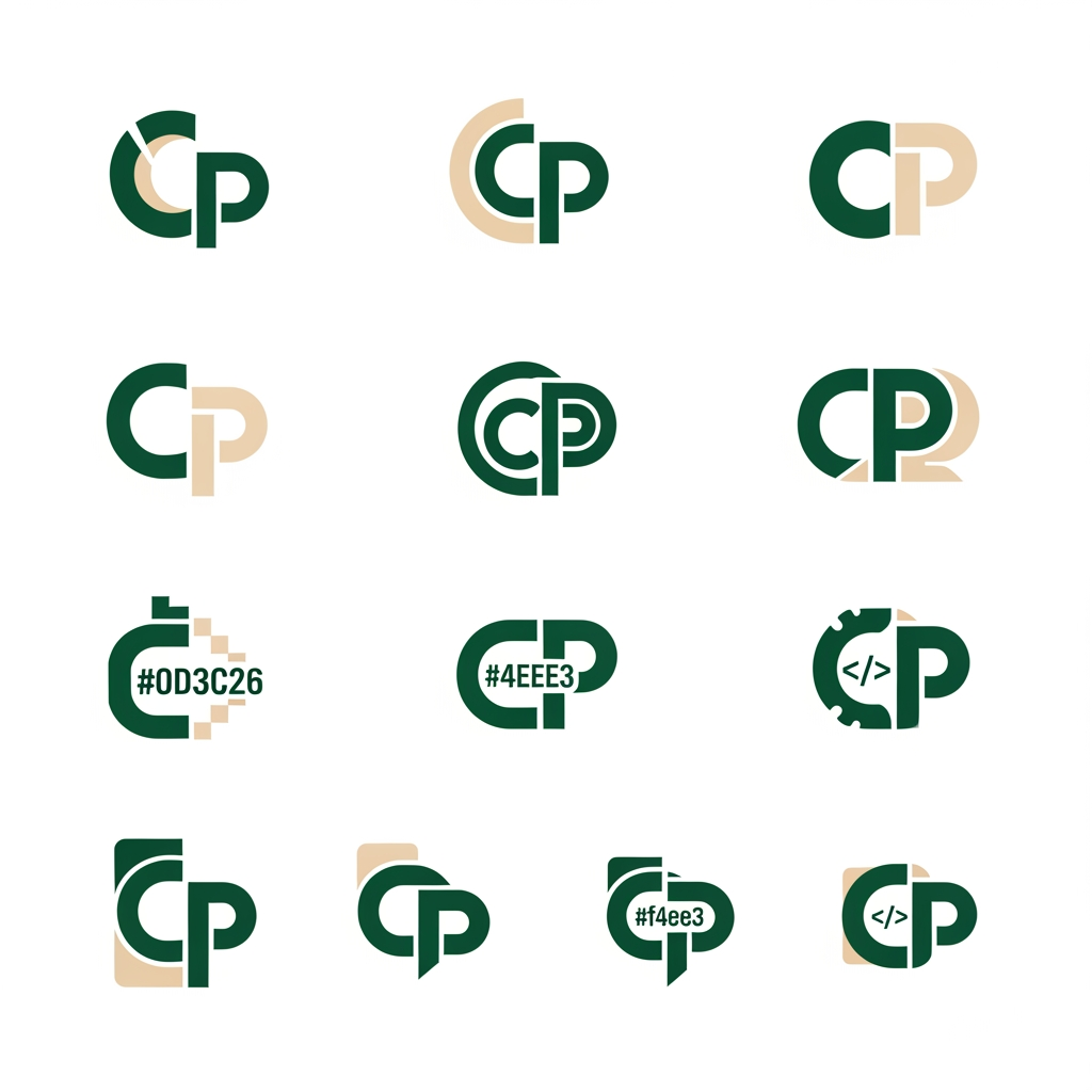 AI Design for me falta un favicon para mi web personal que tambien podría poner en el header junto a mi nombre o sustituyendolo.  Puedes diseñarme 10 favicons que me sirvan como logo tambien para mi web? quiero que contenga una C y una P porque mi nombre es carlos padron. La web es mi portfolio como desarrollador full-stack por si te sirve de ayuda. Quiero que sean logos profesionales, elegantes y llamativos. con la paleta de colores verde bosque (#0d3c26) y crema/beige (#f4eee3). Se original. Busca inspiración en internet y sorprendeme con 10 diseños únicos.