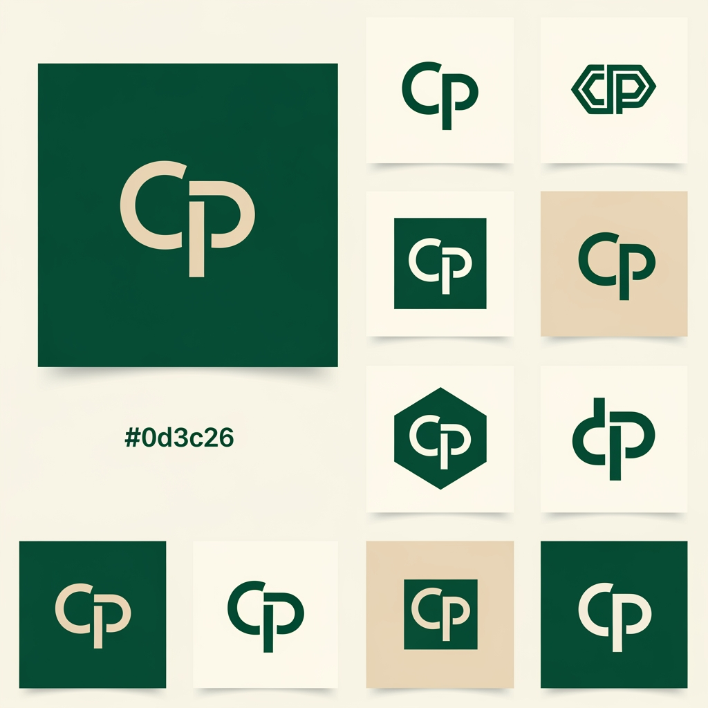 AI Design for me falta un favicon para mi web personal que tambien podría poner en el header junto a mi nombre o sustituyendolo.  Puedes diseñarme 10 favicons que me sirvan como logo tambien para mi web? quiero que contenga una C y una P porque mi nombre es carlos padron. La web es mi portfolio como desarrollador full-stack por si te sirve de ayuda. Quiero que sean logos profesionales, elegantes y llamativos. con la paleta de colores verde bosque (#0d3c26) y crema/beige (#f4eee3). Se original. Busca inspiración en internet y sorprendeme con 10 diseños únicos.